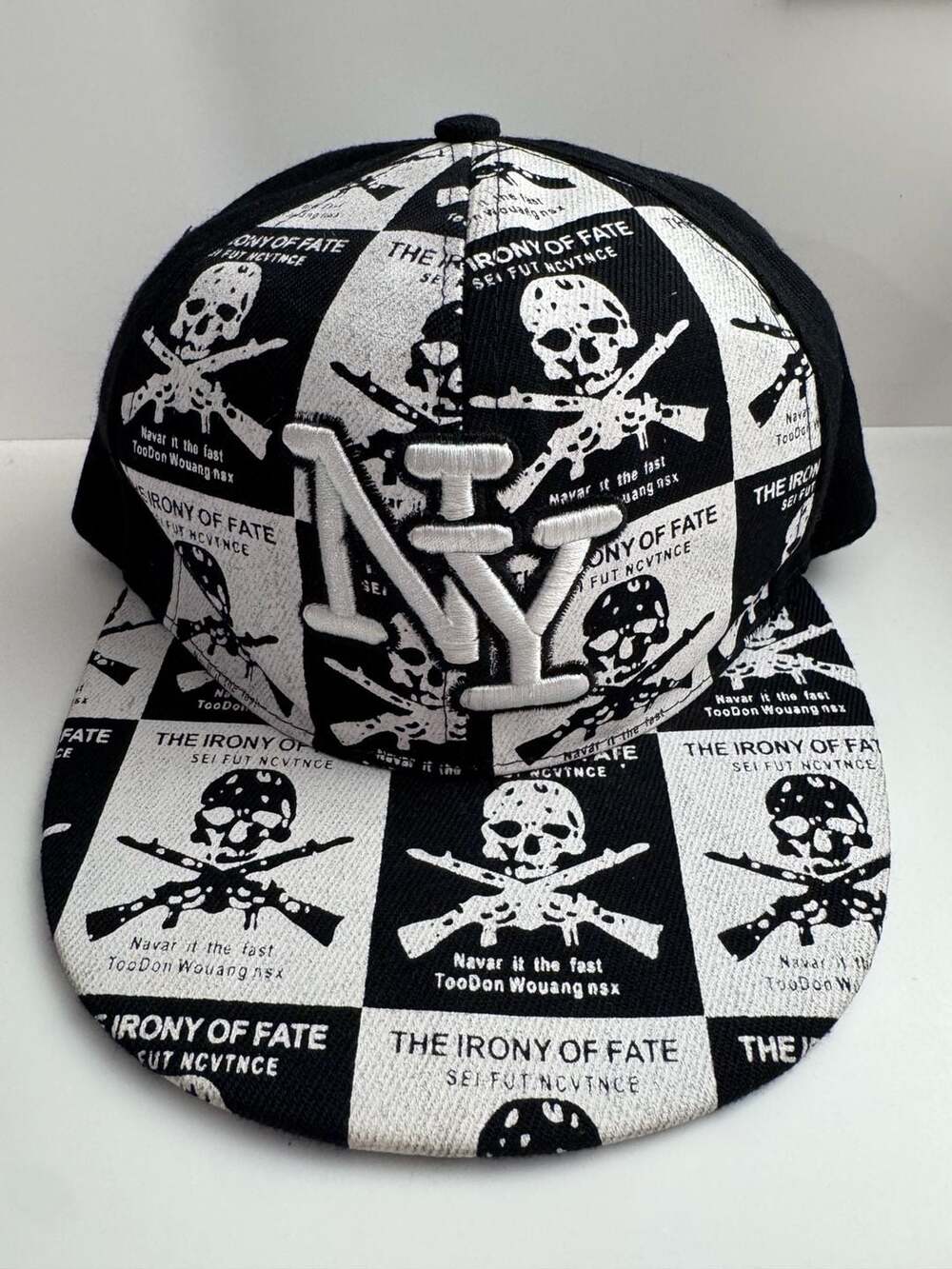 The Irony of Fate NYC Black and White Skull Graphic Fitted Hat Cap